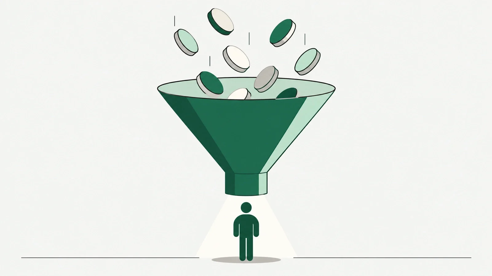 A funnel turning coins into a single person icon