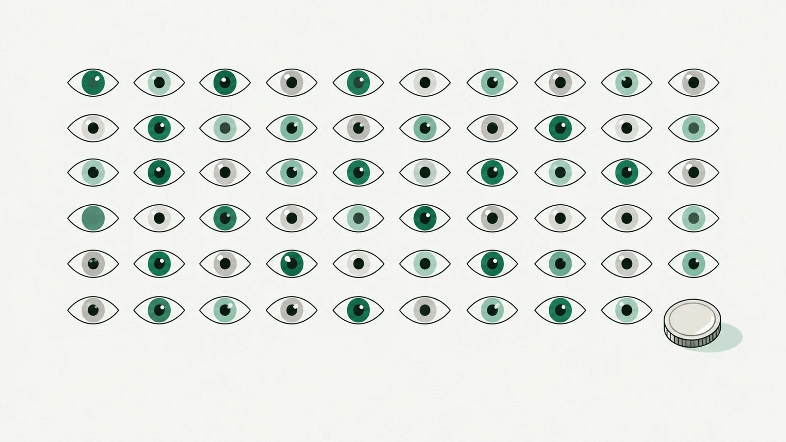 A thousand small eyes in a grid with one coin