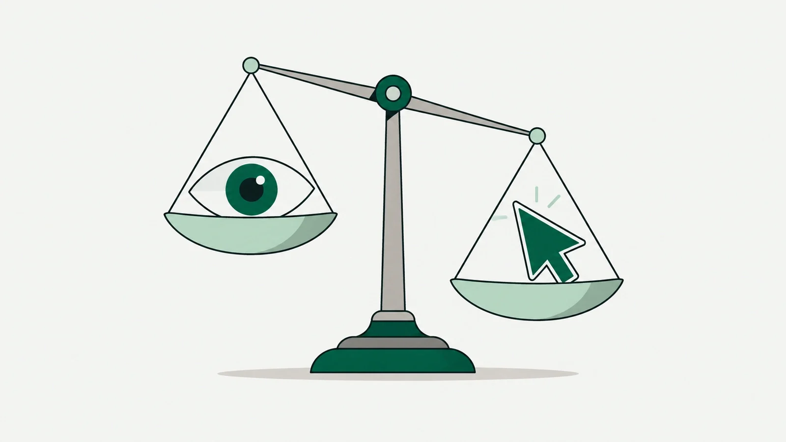 A balance scale weighing an eye against a cursor arrow