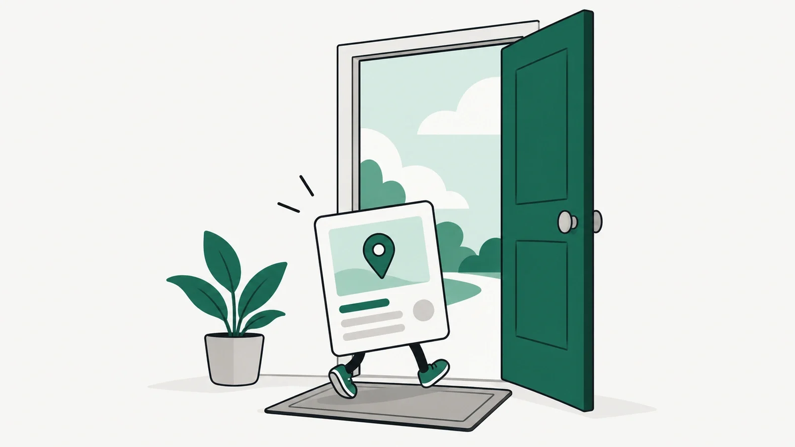 An open door with a doormat and a product card walking in
