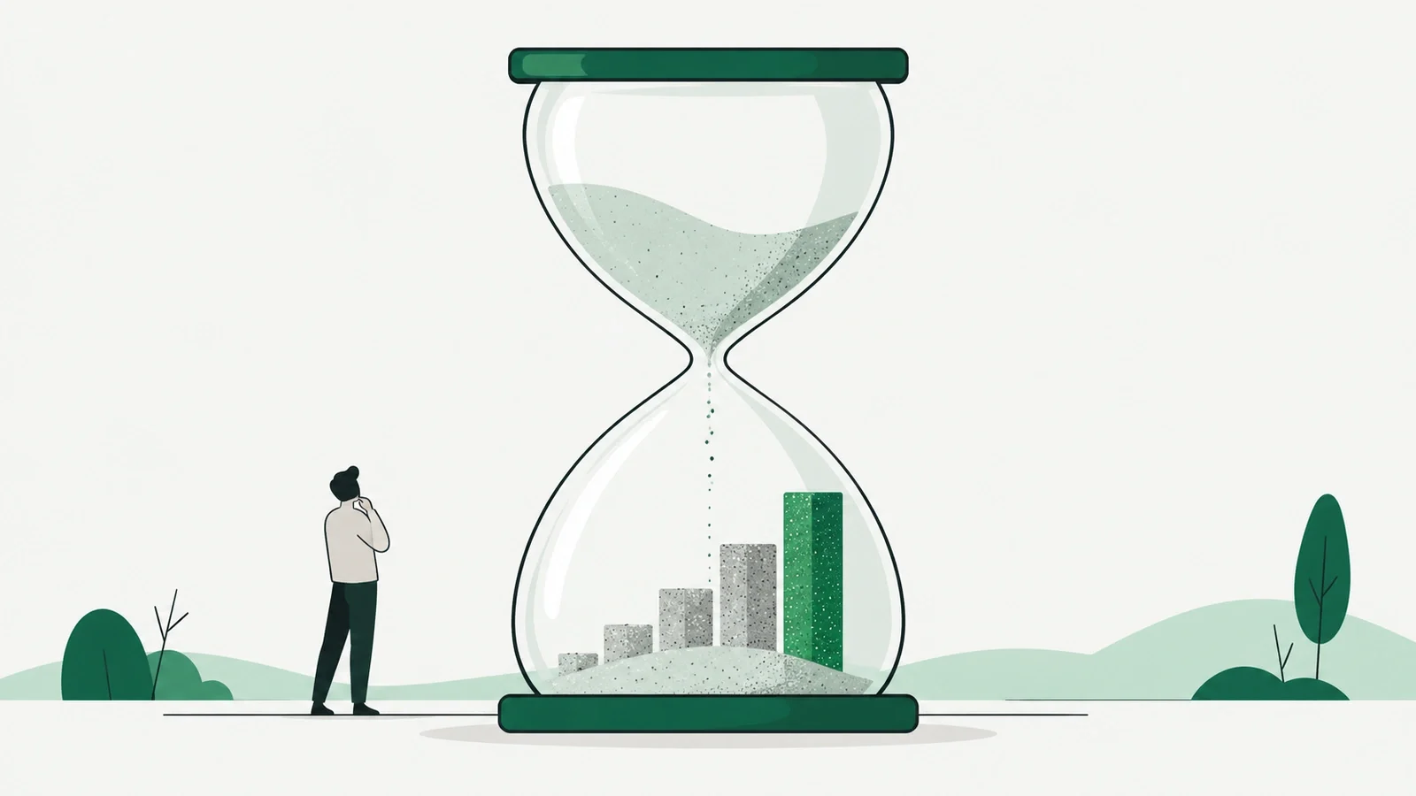 An hourglass whose falling sand forms a rising bar chart