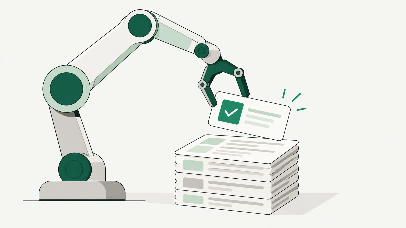 A document card with a green check being picked up by a mechanical hand