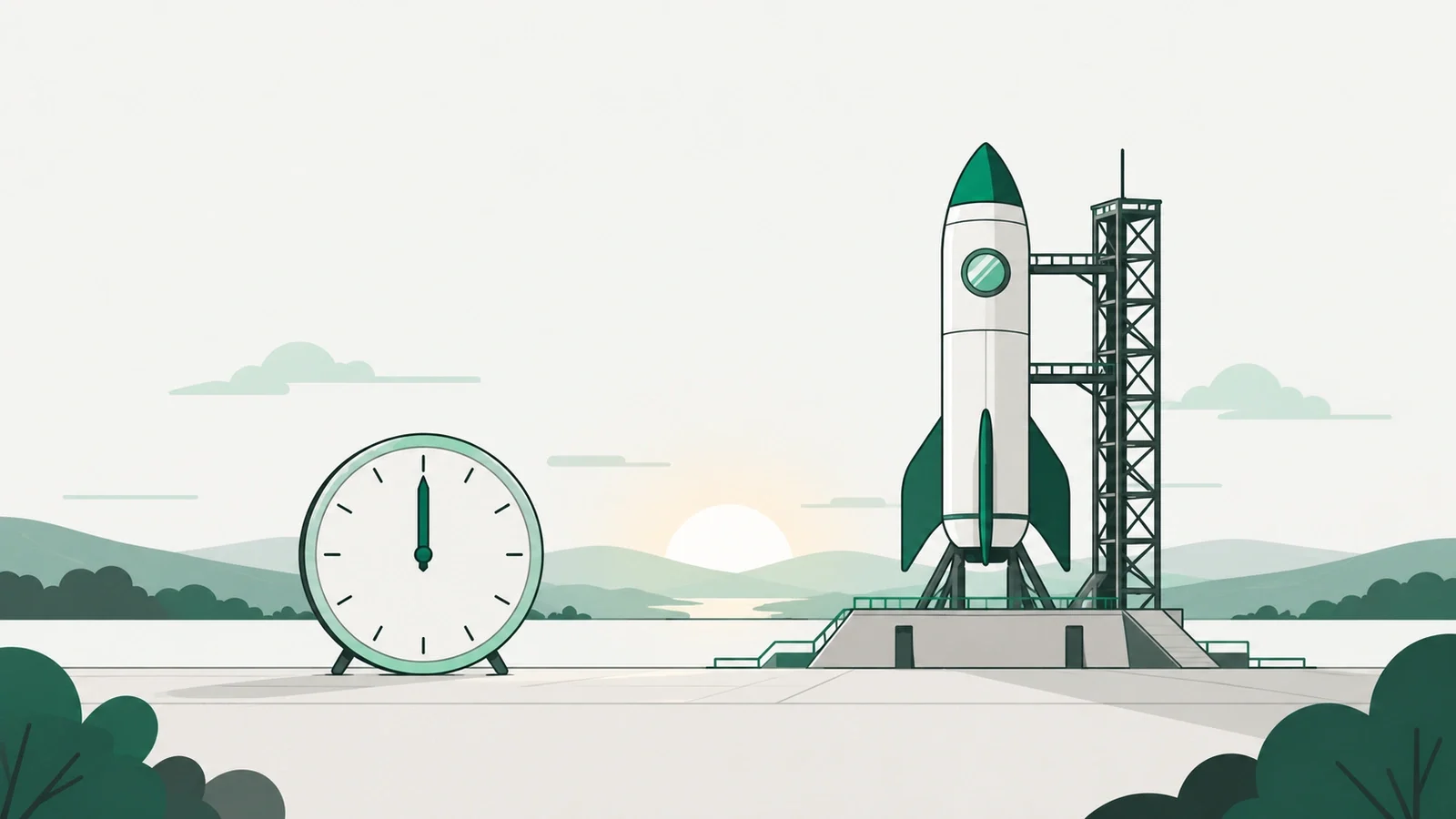 A sunrise behind a launch pad with a clock showing midnight