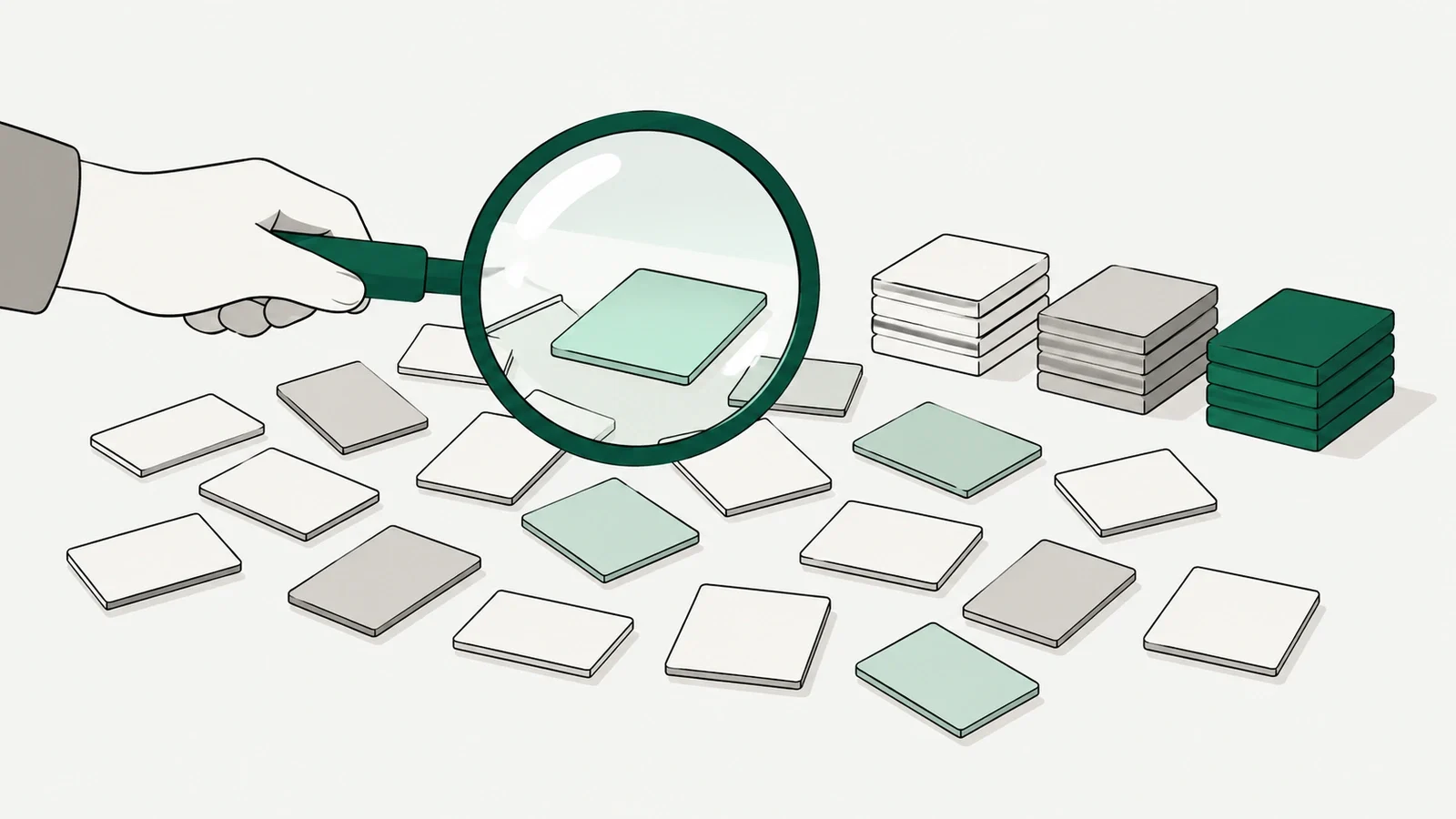 A magnifying glass sorting small word tiles into neat stacks