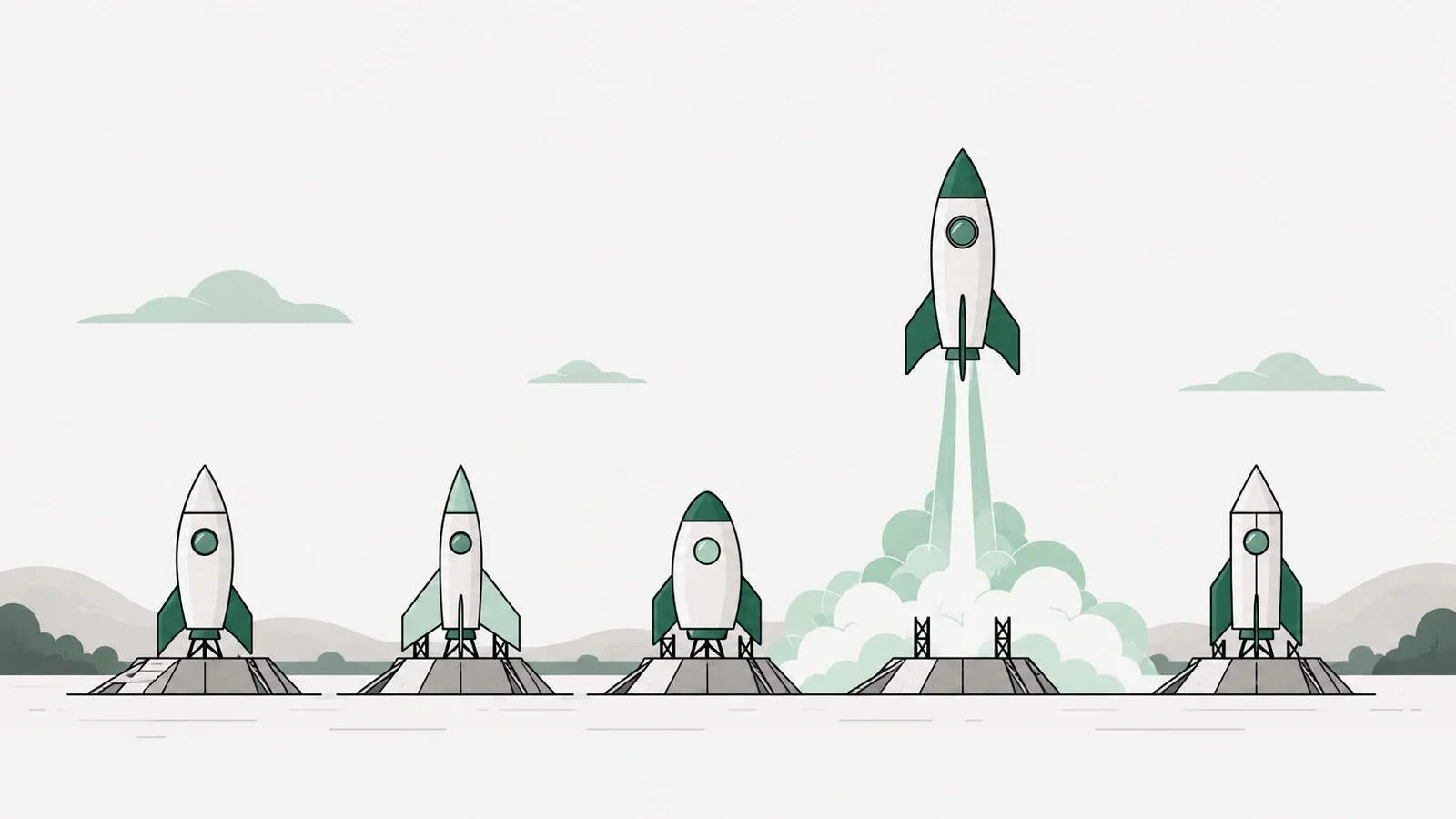 Several small launch pads in a row with paper rockets