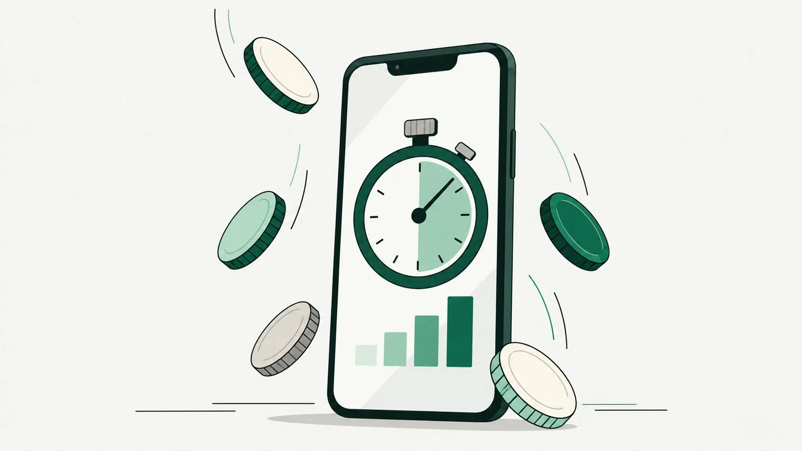 A vertical phone screen with a stopwatch and coins