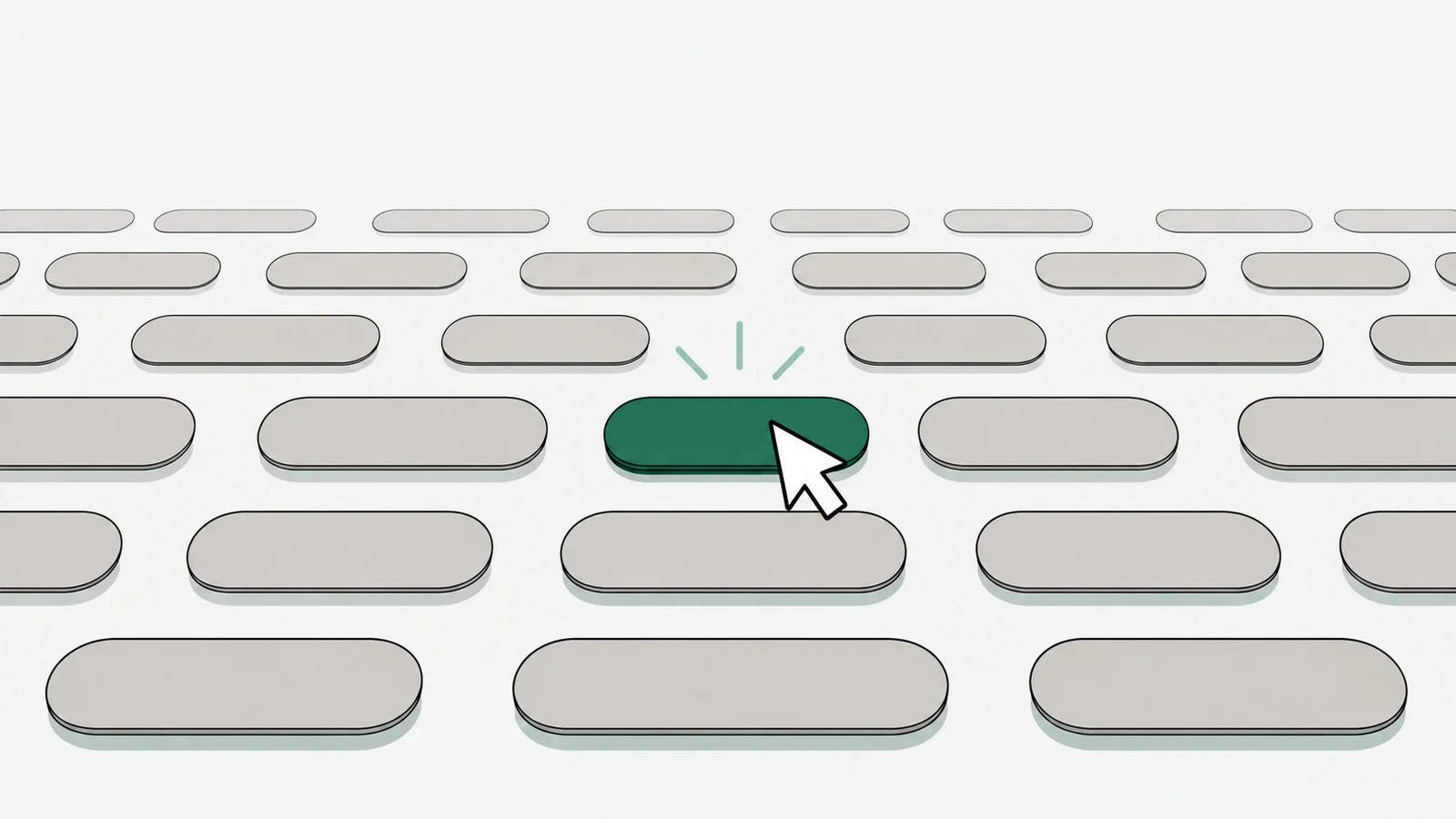 A cursor arrow clicking one of many identical buttons